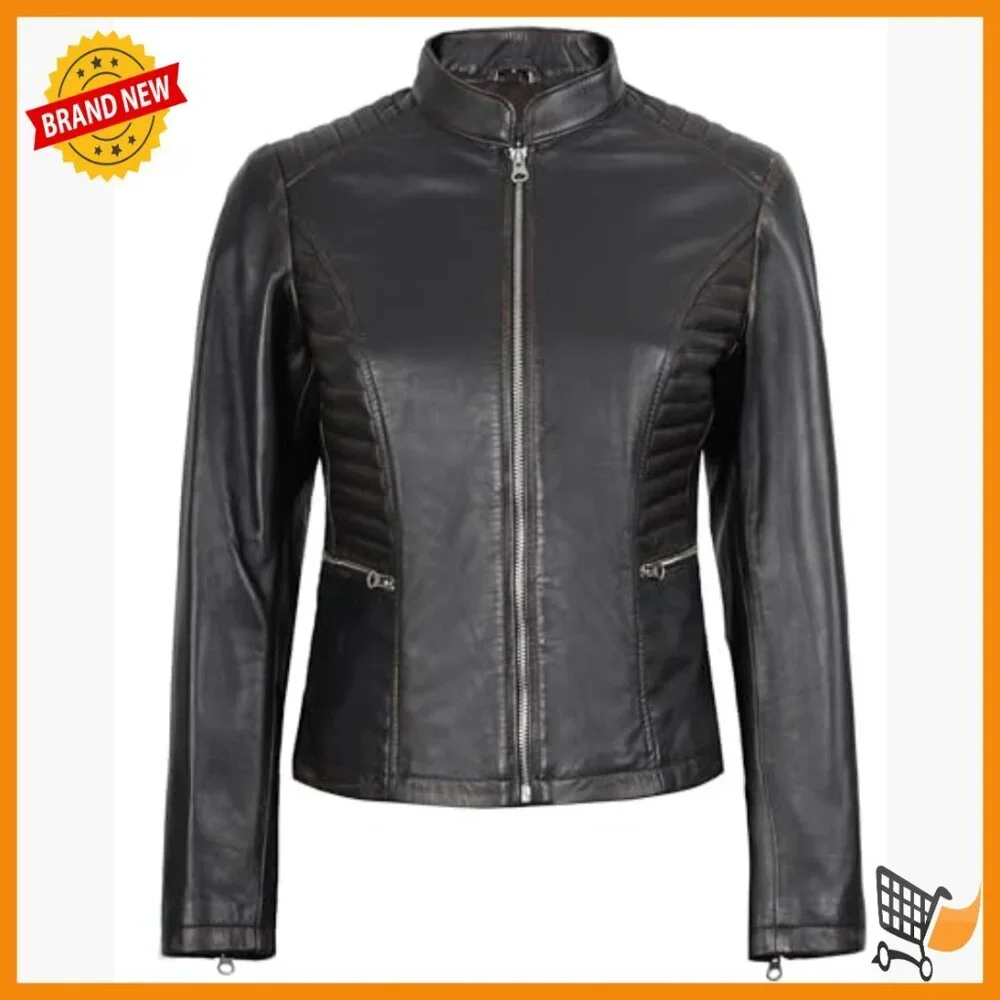 Lambskin Leather Jacket Women's Cafe Racer Stand Collar Zipper Pockets